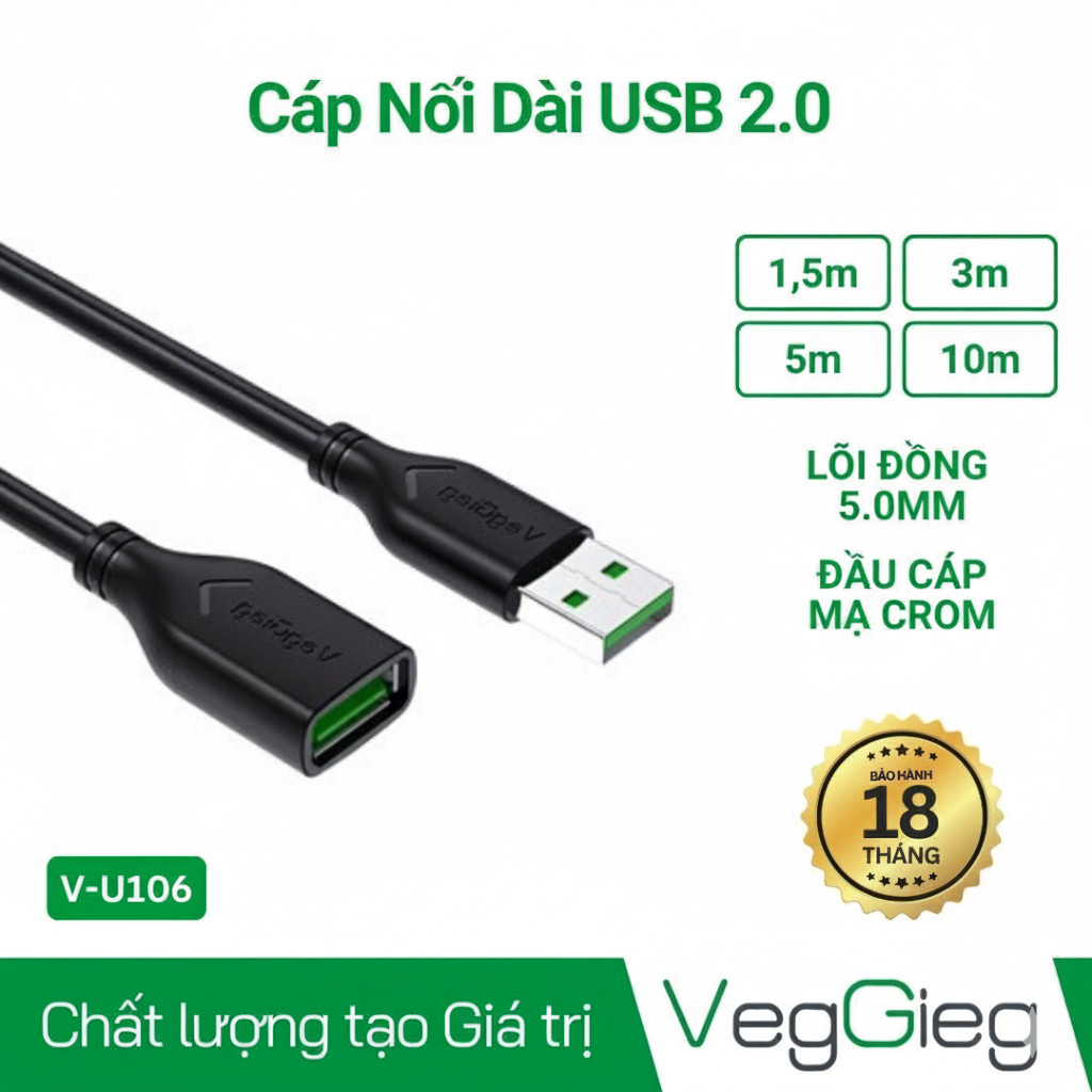 Cáp nối dài USB 2.0 Dài 3m V-U106 VegGieg